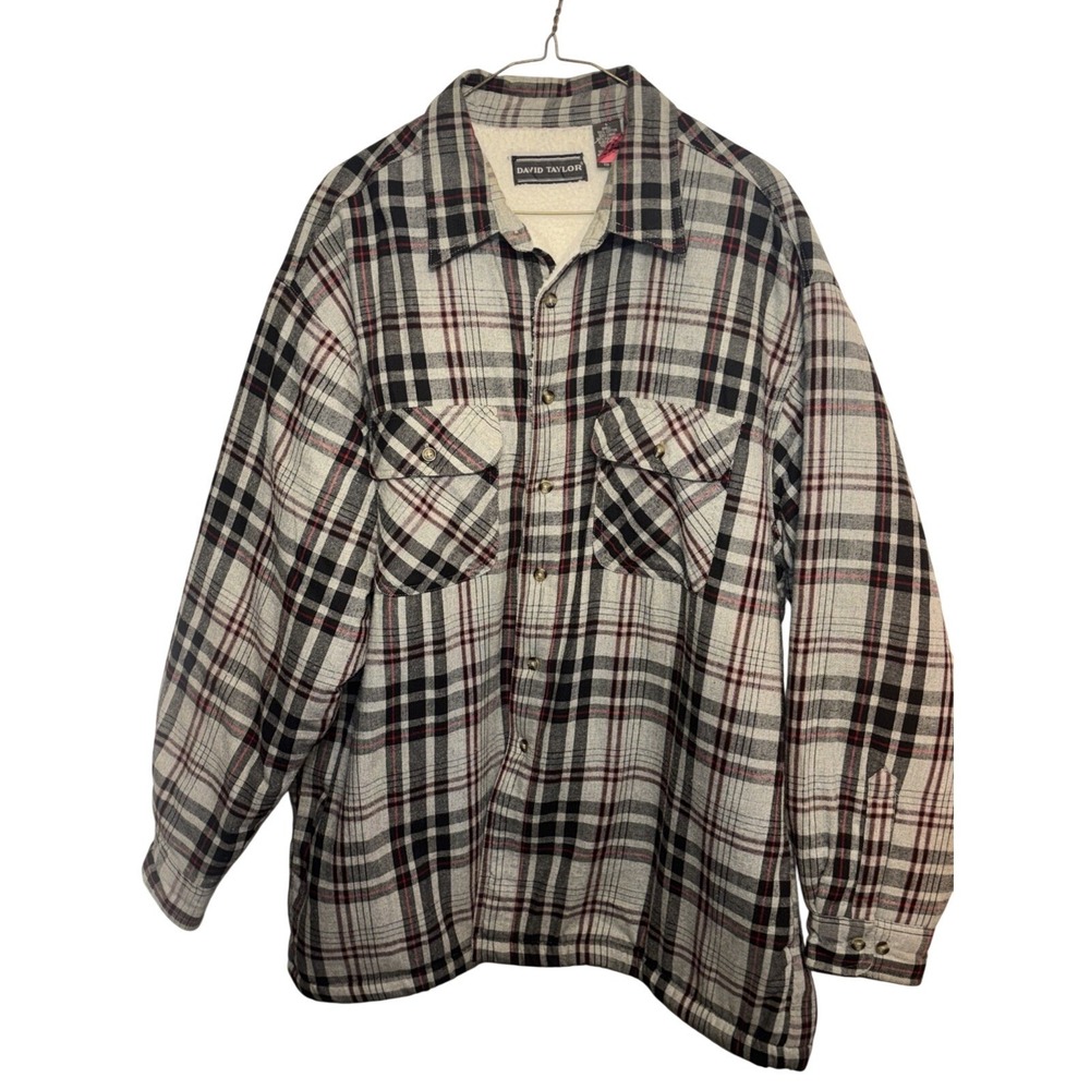 David Taylor Mens Large Grey Black Red Plaid Sherpa Lined Flannel Shacket Jacket